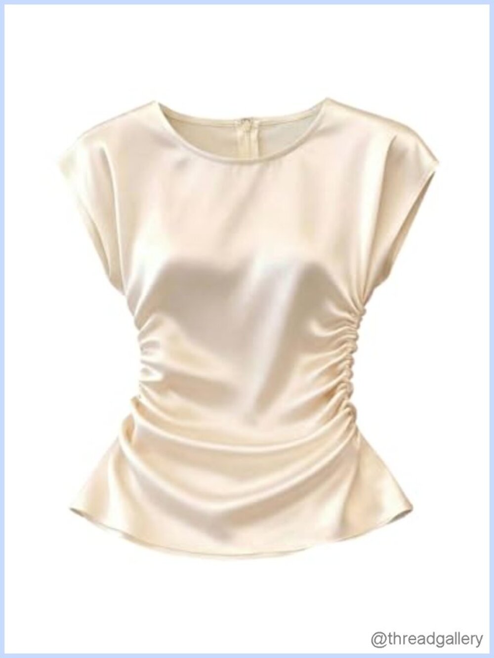 Elegant Satin Blouse Ruched Crewneck Cap Sleeve